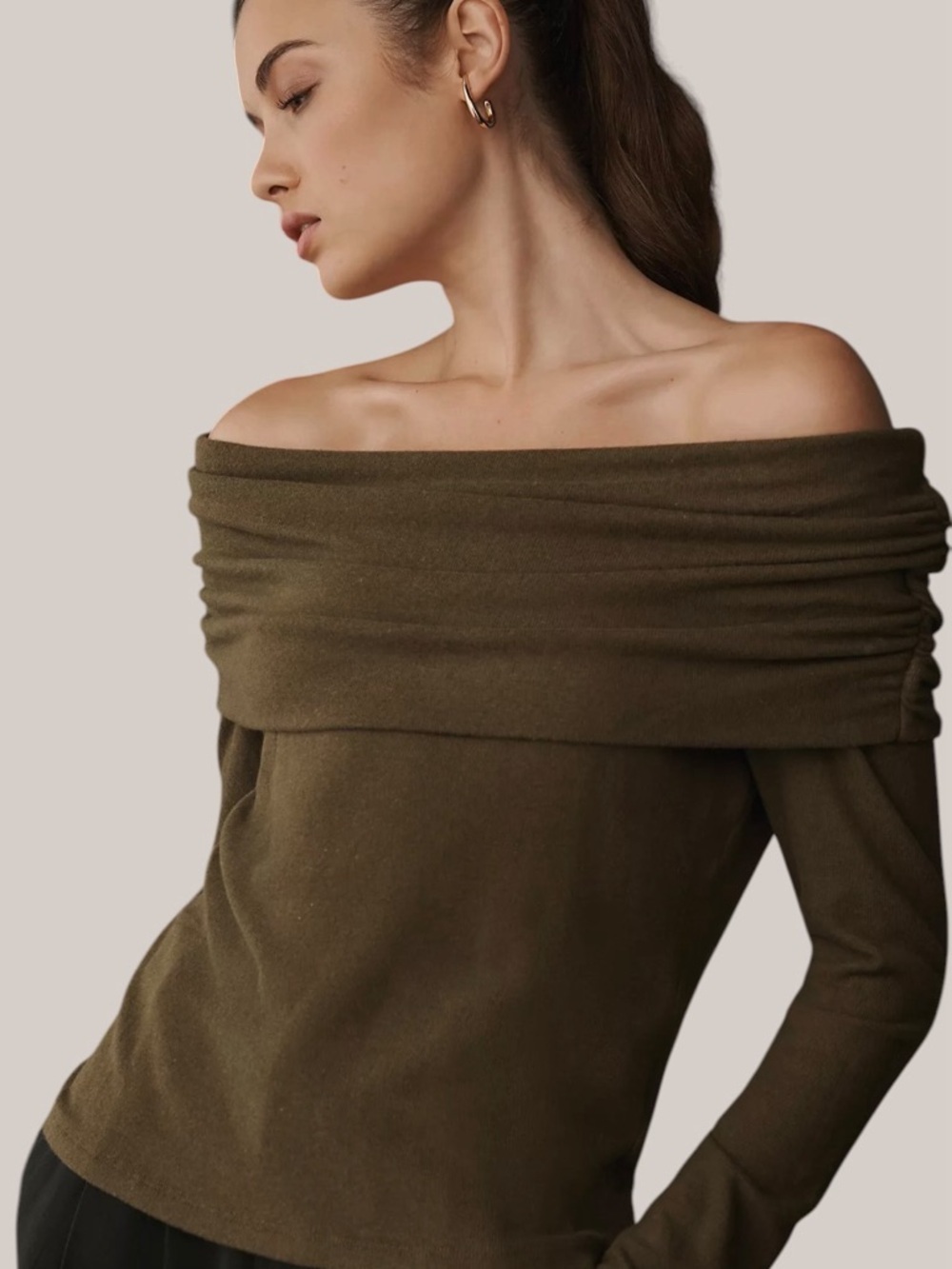 Reformation Olive Green Off-Shoulder Foldover Sweater Top